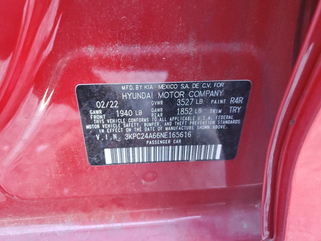 3KPC24A66NE165616 2022 Hyundai Accent Se