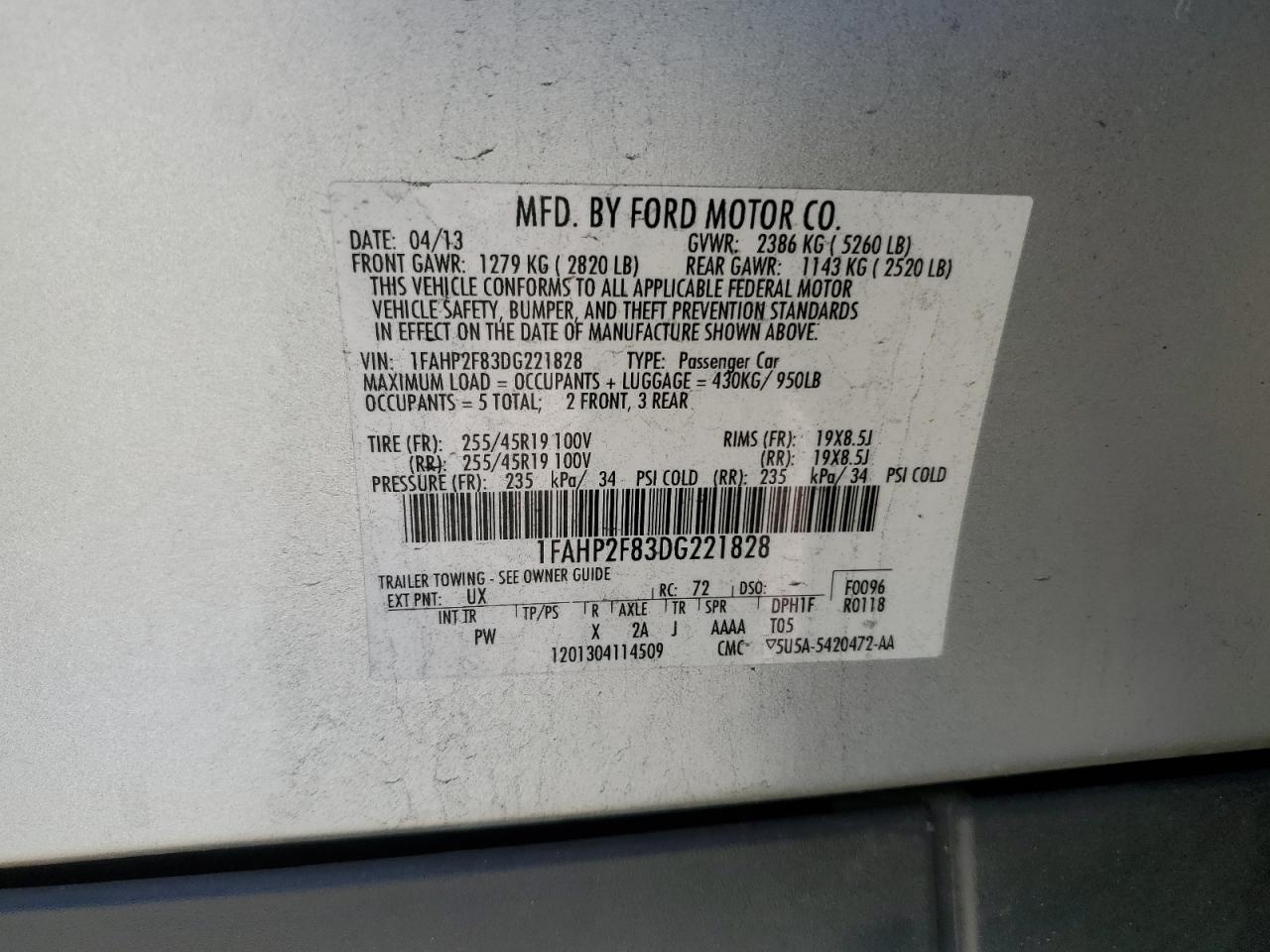 1FAHP2F83DG221828 2013 Ford Taurus Limited