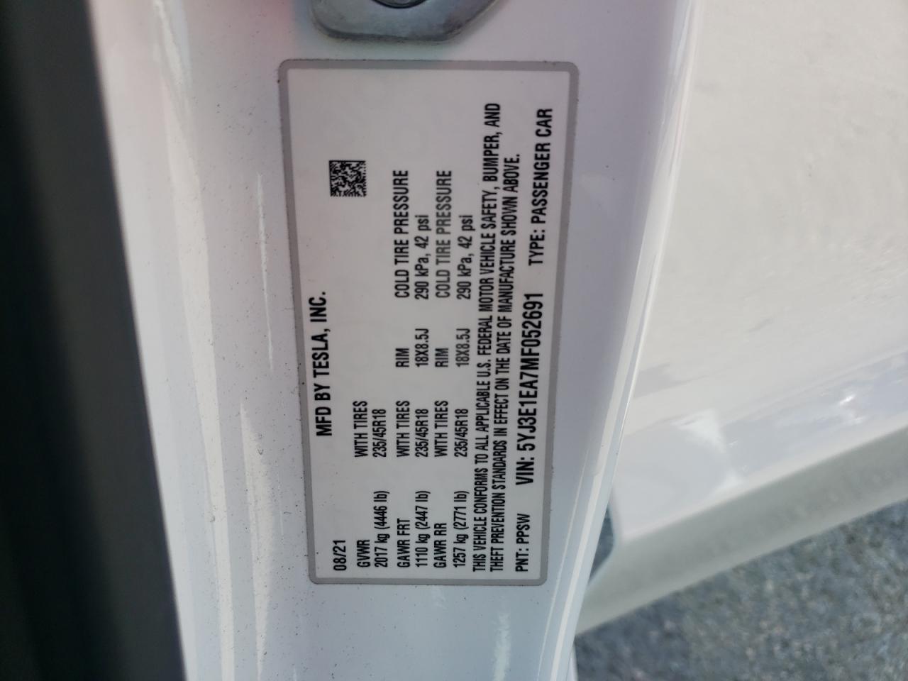 5YJ3E1EA7MF052691 2021 Tesla Model 3