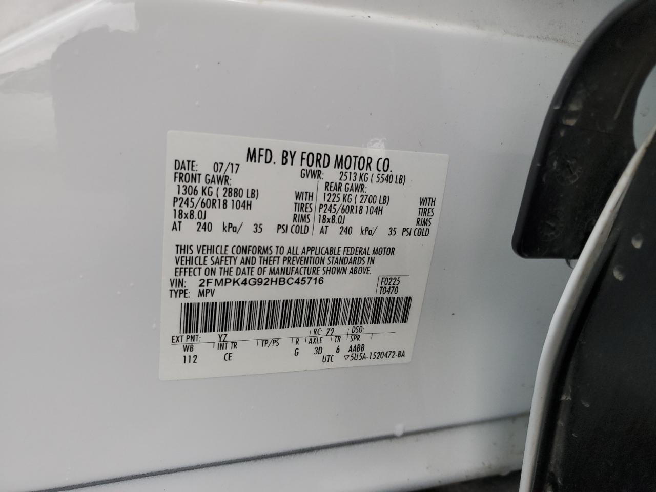 2FMPK4G92HBC45716 2017 Ford Edge Se