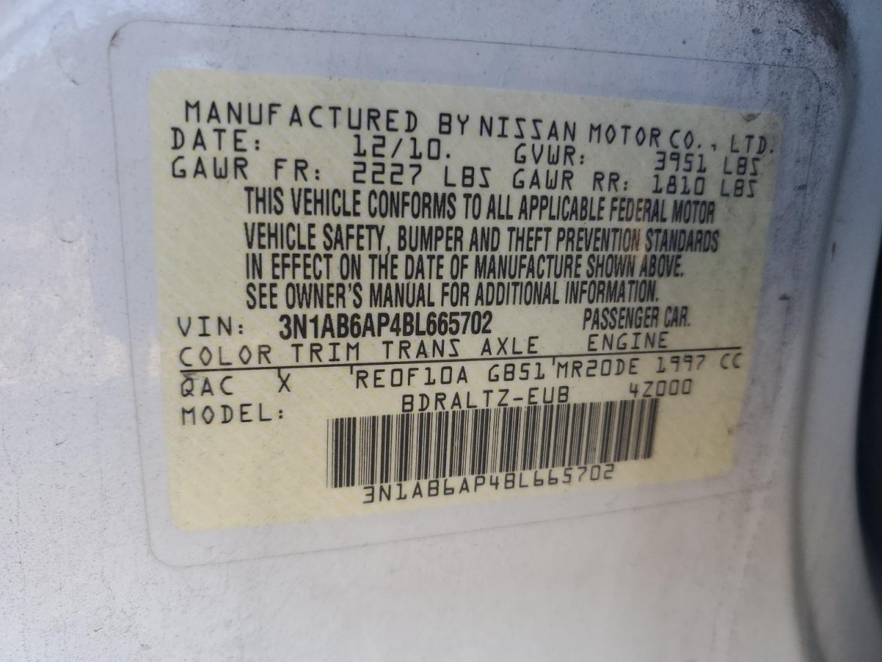 2011 Nissan Sentra 2.0 VIN: 3N1AB6AP4BL665702 Lot: 77459644