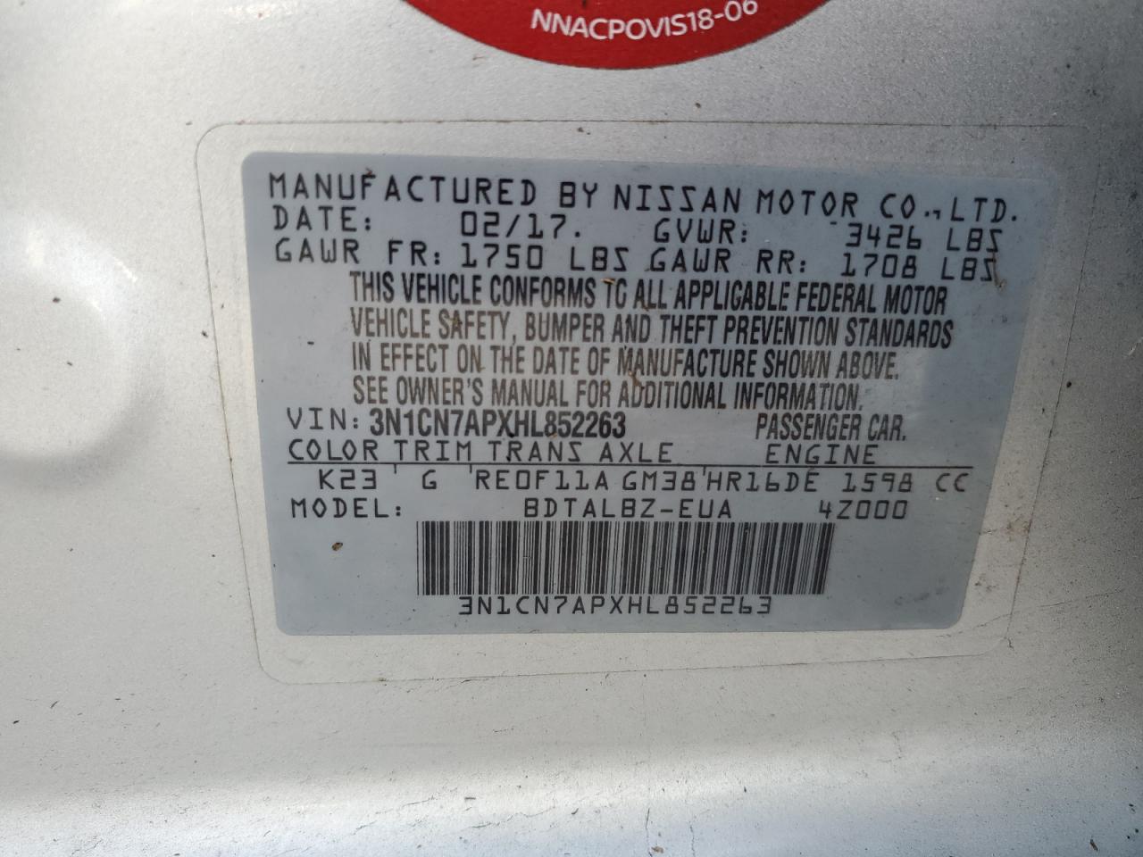 3N1CN7APXHL852263 2017 Nissan Versa S