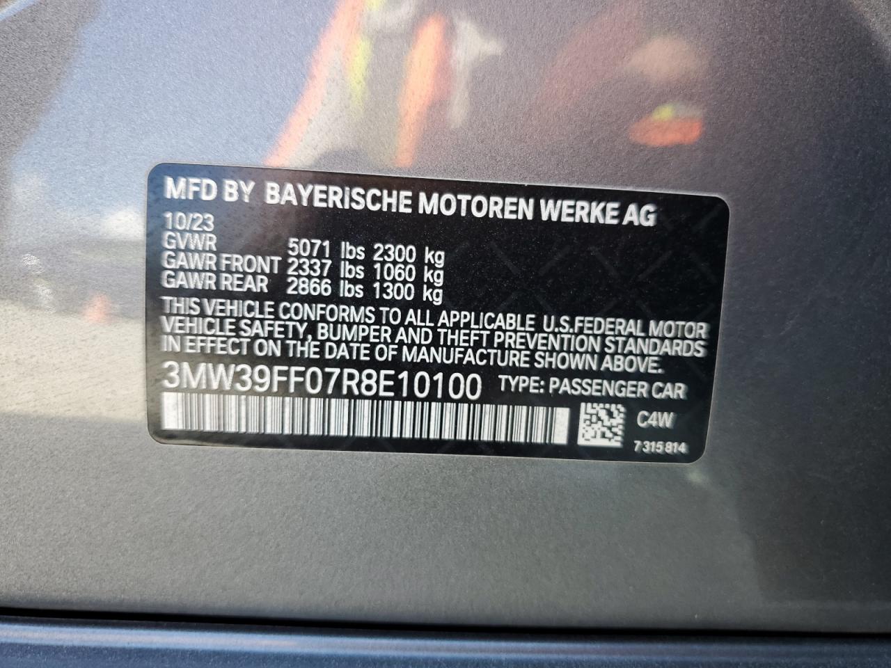 2024 BMW 330E VIN: 3MW39FF07R8E10100 Lot: 78593224