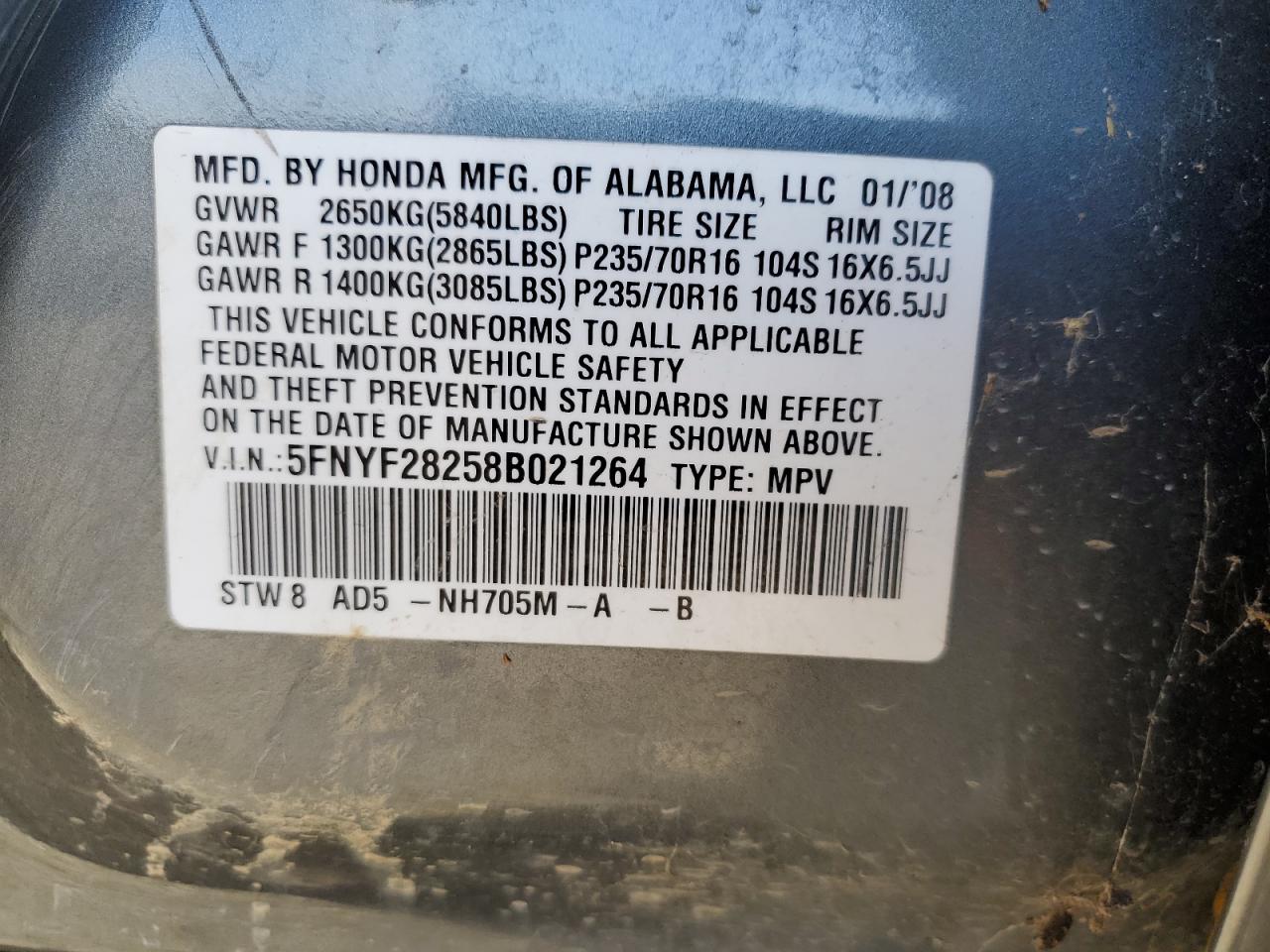 5FNYF28258B021264 2008 Honda Pilot Vp