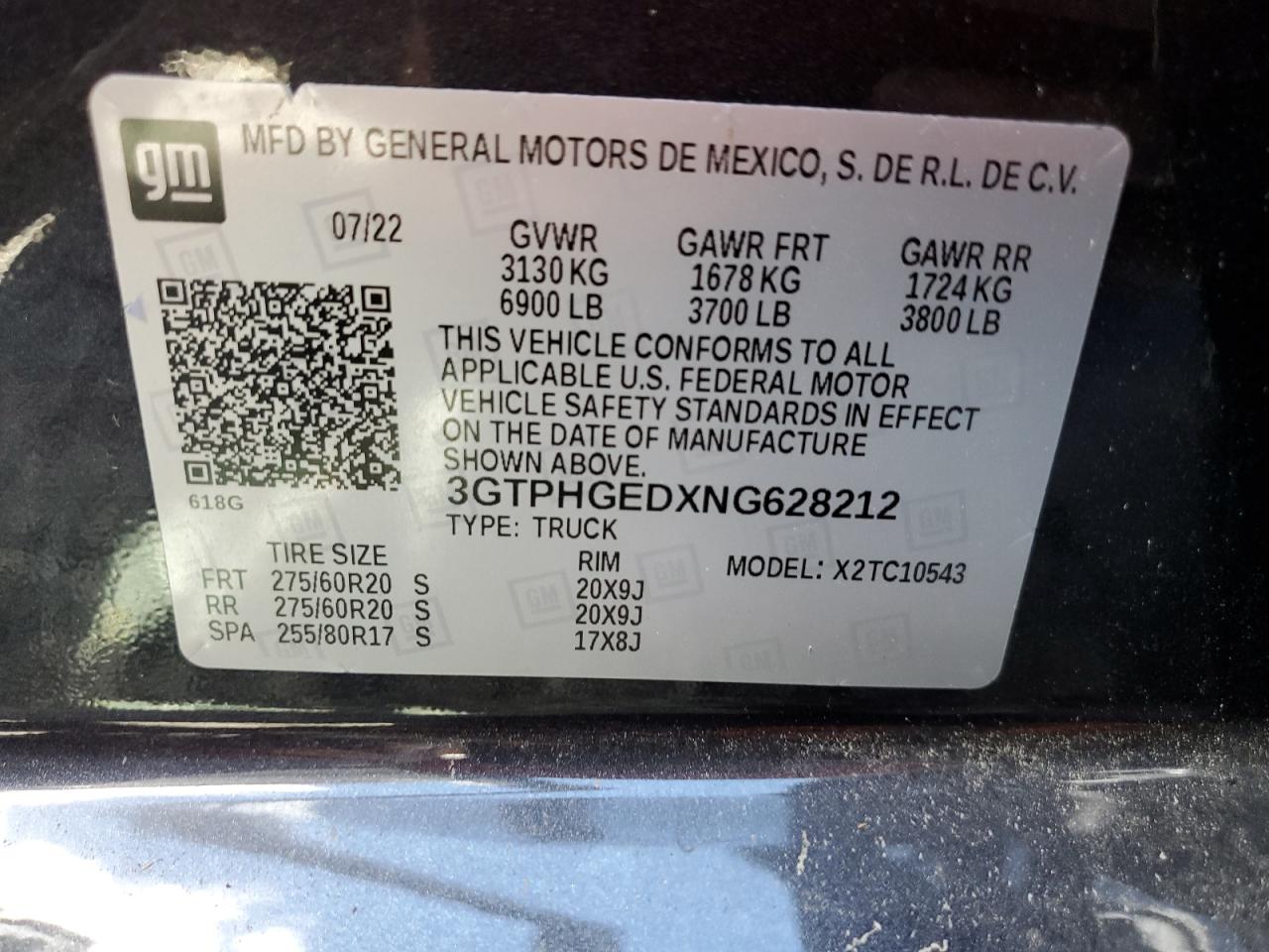 2022 GMC Sierra C1500 Denali VIN: 3GTPHGEDXNG628212 Lot: 74041374