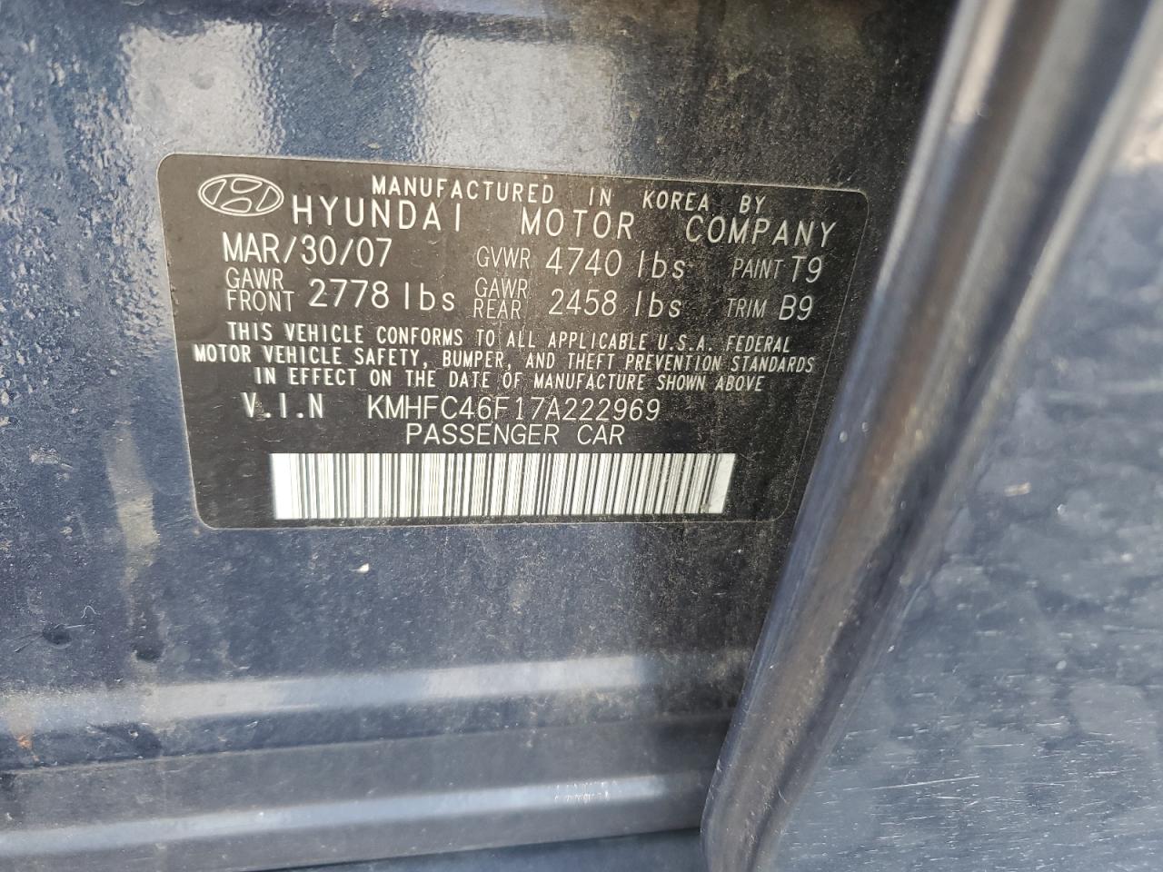 KMHFC46F17A222969 2007 Hyundai Azera Se