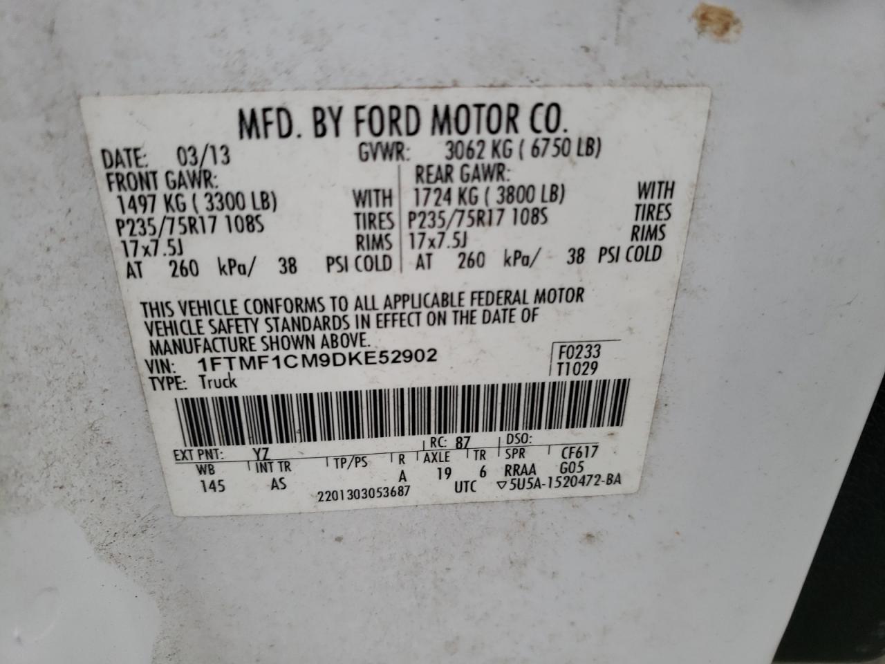 2013 Ford F150 VIN: 1FTMF1CM9DKE52902 Lot: 76373814