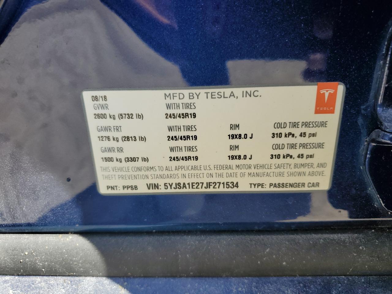 2018 Tesla Model S VIN: 5YJSA1E27JF271534 Lot: 78489174