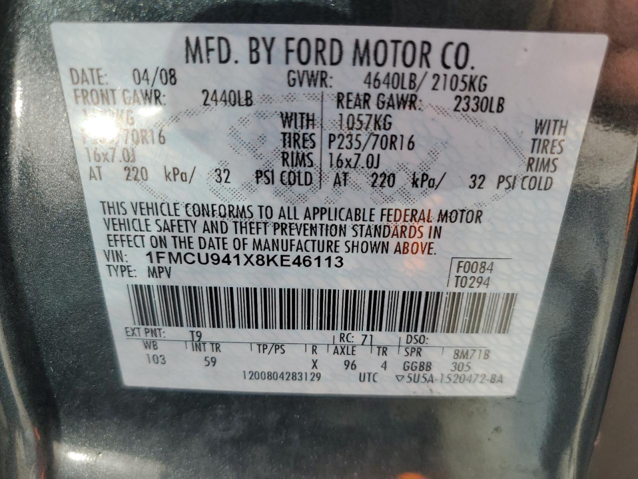 2008 Ford Escape Limited VIN: 1FMCU941X8KE46113 Lot: 75440954