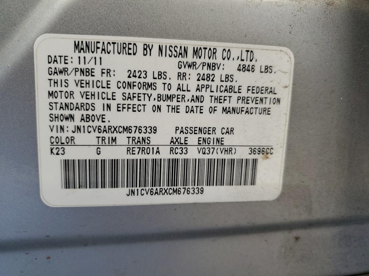 JN1CV6ARXCM676339 2012 Infiniti G37