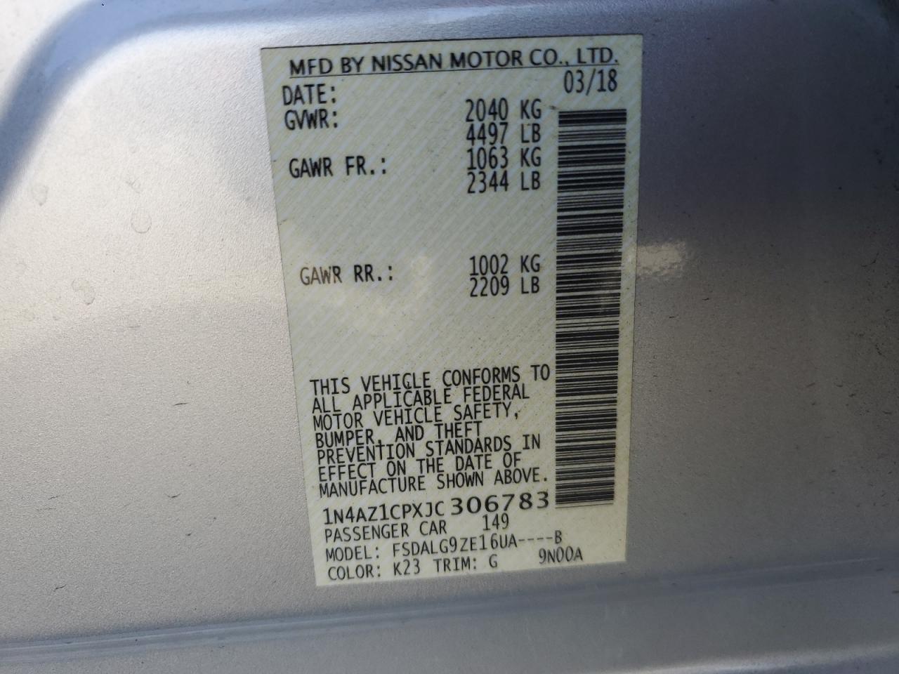 1N4AZ1CPXJC306783 2018 Nissan Leaf S