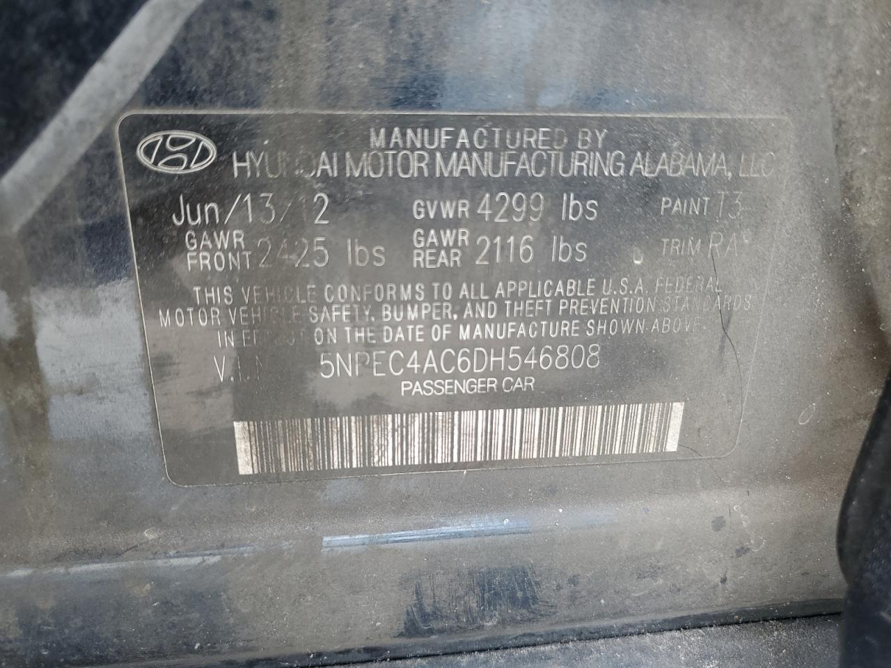 5NPEC4AC6DH546808 2013 Hyundai Sonata Se