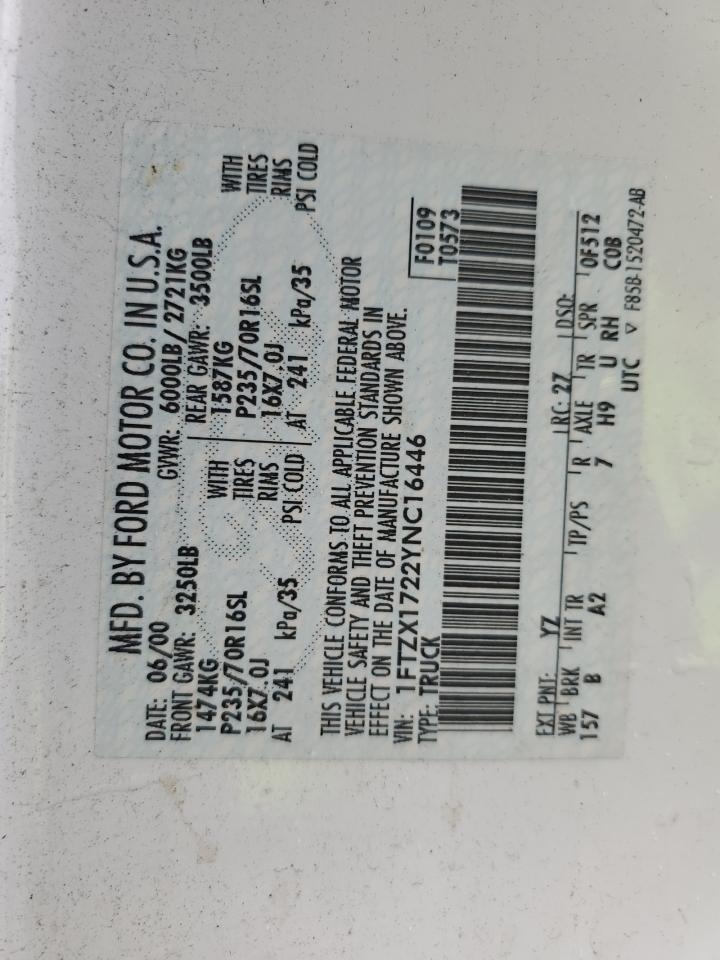 2000 Ford F150 VIN: 1FTZX1722YNC16446 Lot: 73559354