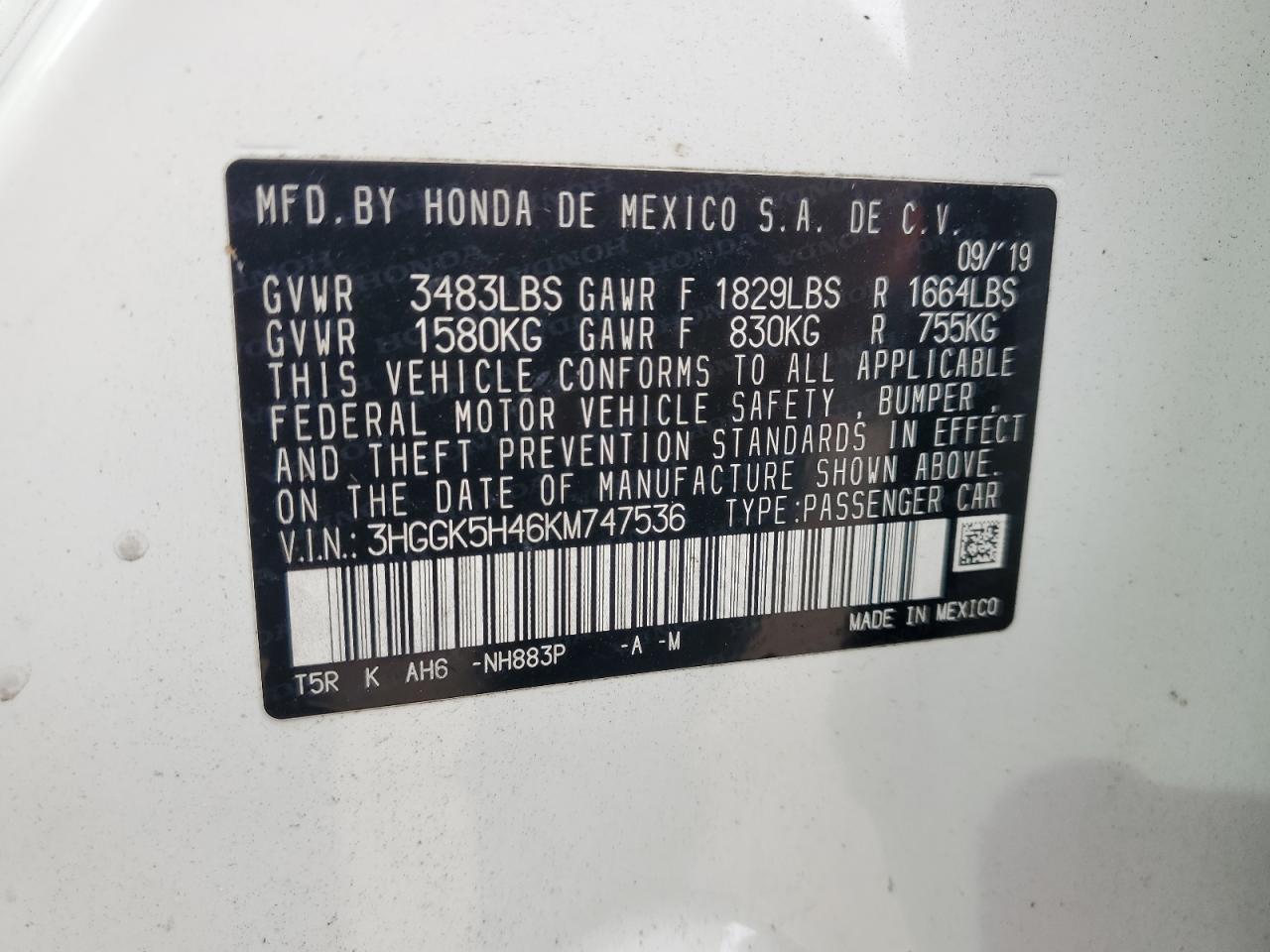 2019 Honda Fit Lx VIN: 3HGGK5H46KM747536 Lot: 74148274