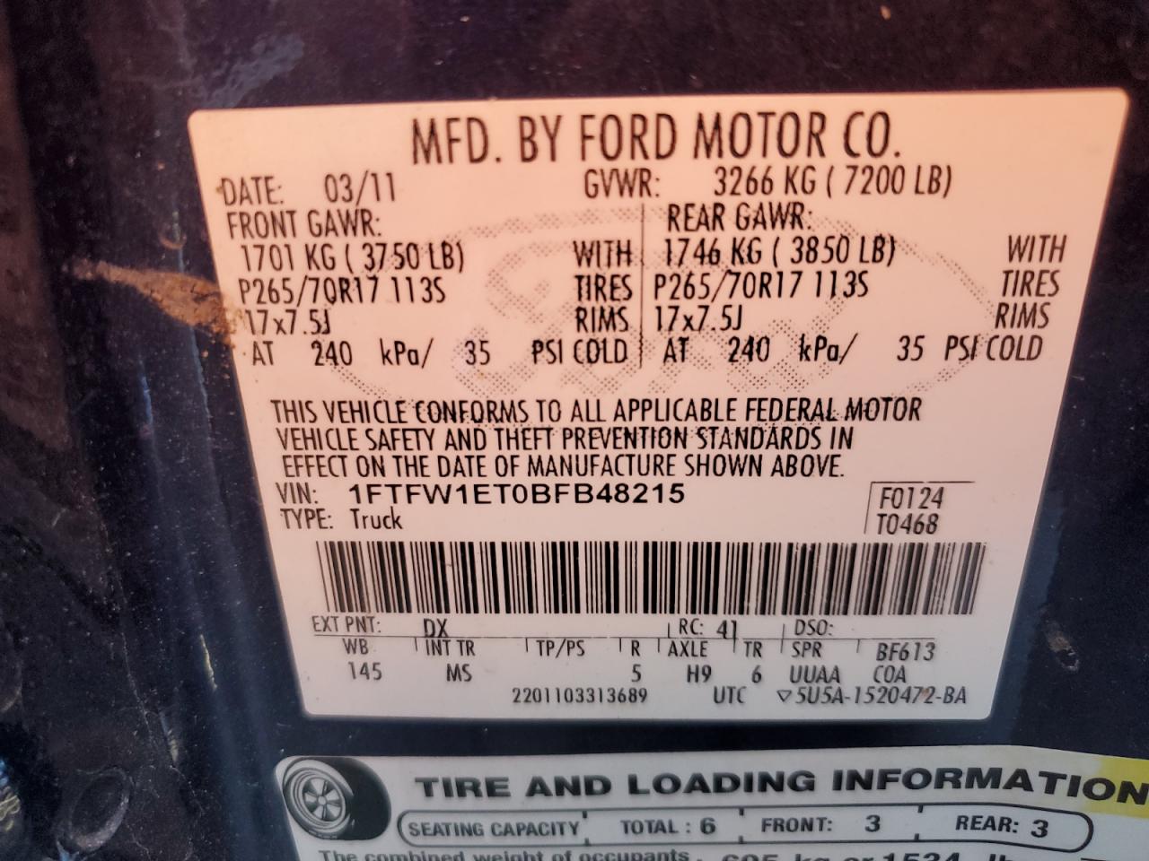 2011 Ford F150 Supercrew VIN: 1FTFW1ET0BFB48215 Lot: 69284495