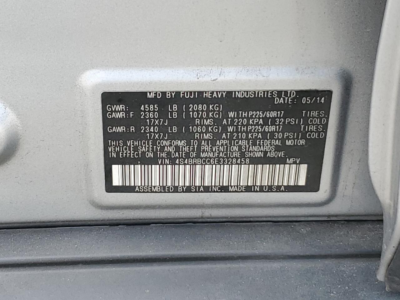 4S4BRBCC6E3328458 2014 Subaru Outback 2.5I Premium