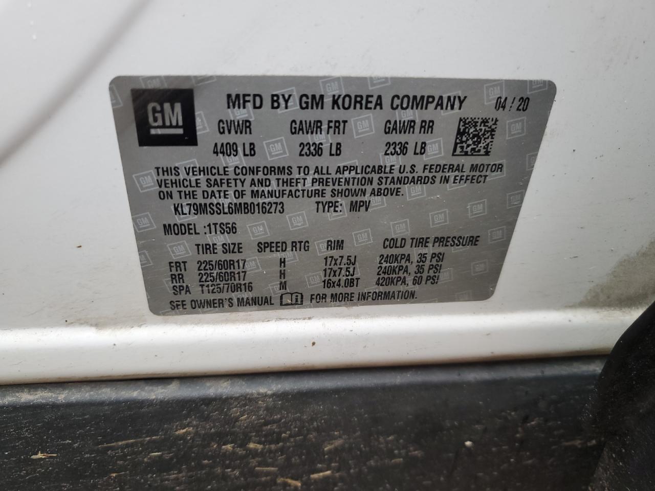 2021 Chevrolet Trailblazer Activ VIN: KL79MSSL6MB016273 Lot: 78181854