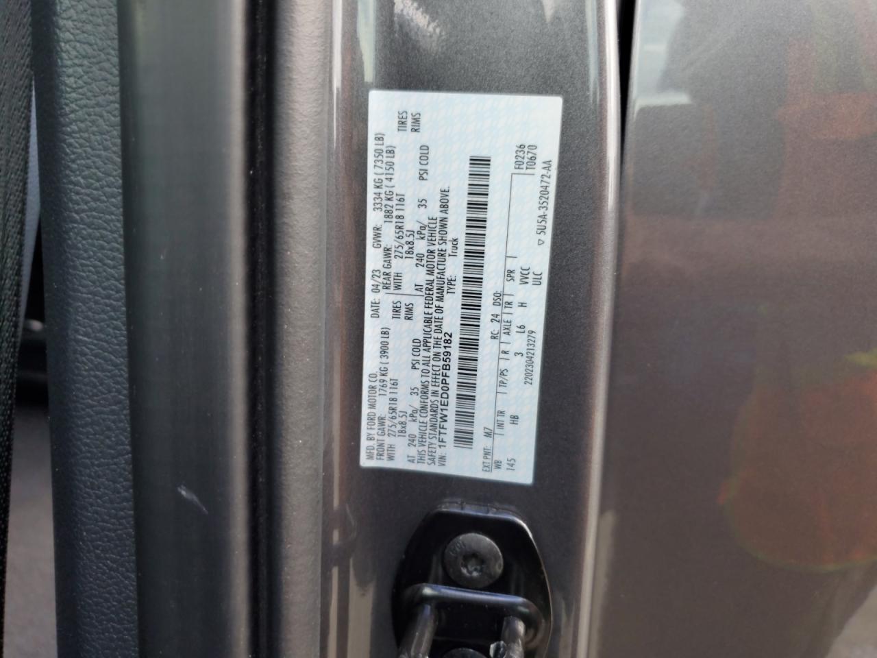 2023 Ford F150 Supercrew VIN: 1FTFW1ED0PFB59182 Lot: 73738004