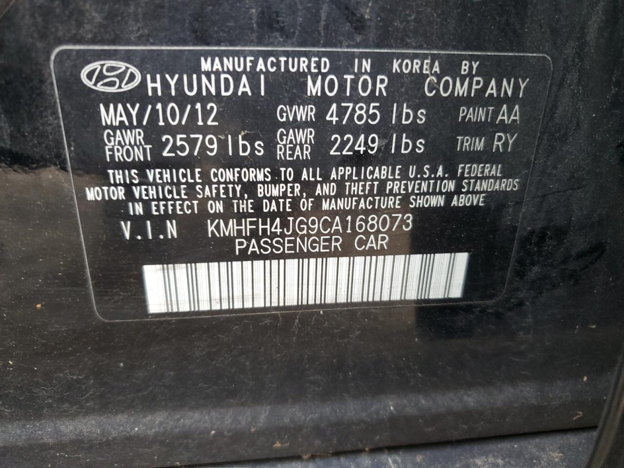 2012 Hyundai Azera Gls VIN: KMHFH4JG9CA168073 Lot: 78685014