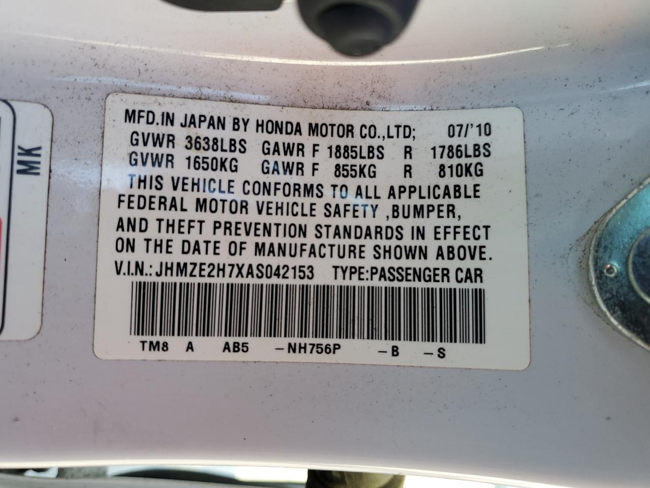 2010 Honda Insight Ex VIN: JHMZE2H7XAS042153 Lot: 75438884