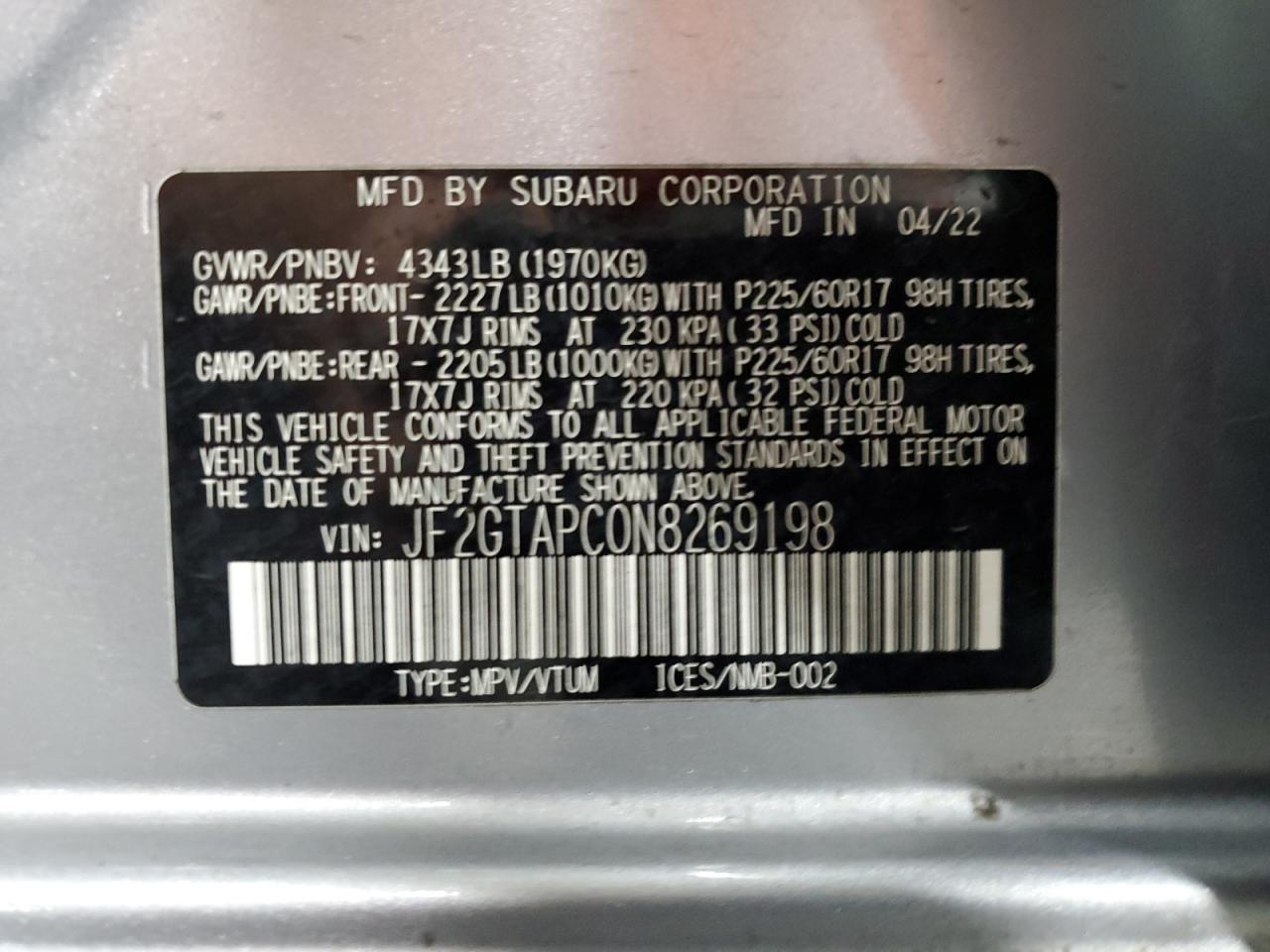 JF2GTAPC0N8269198 2022 Subaru Crosstrek Premium