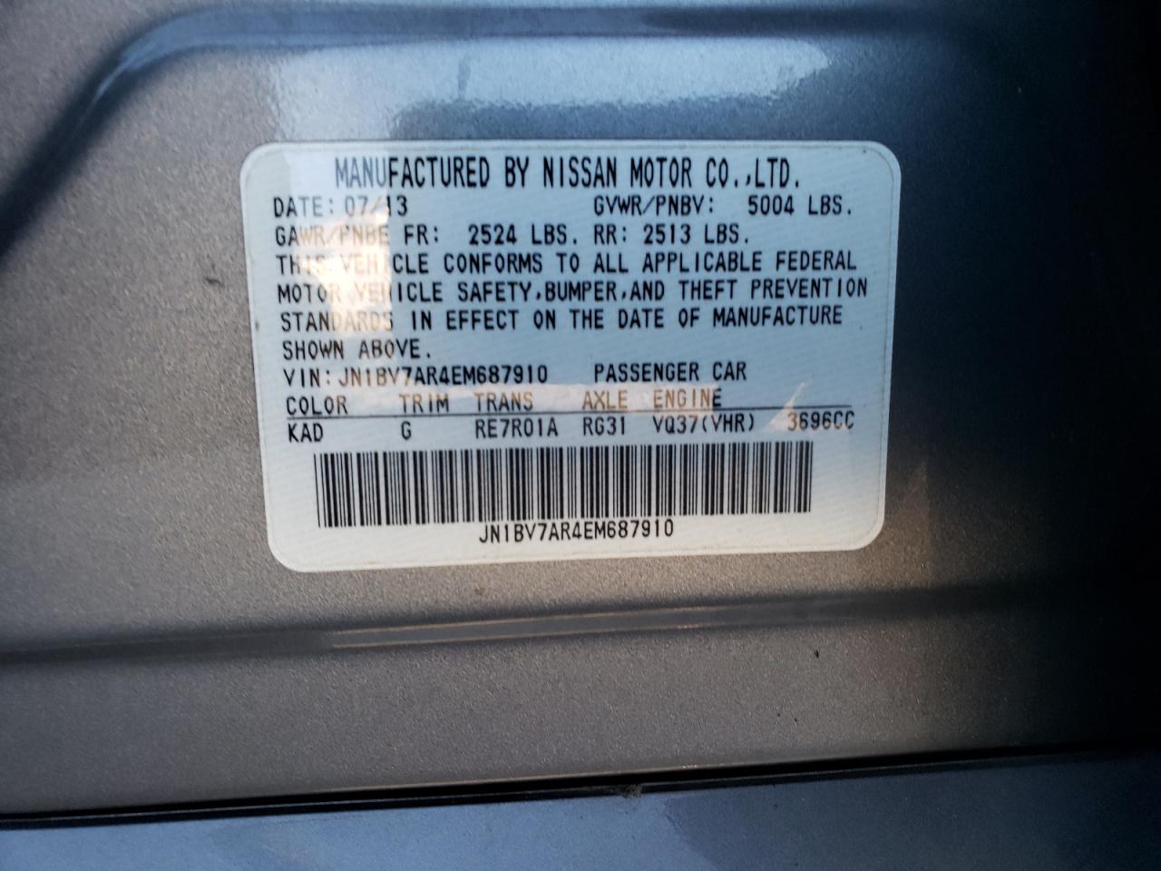 2014 Infiniti Q50 Base VIN: JN1BV7AR4EM687910 Lot: 76112484