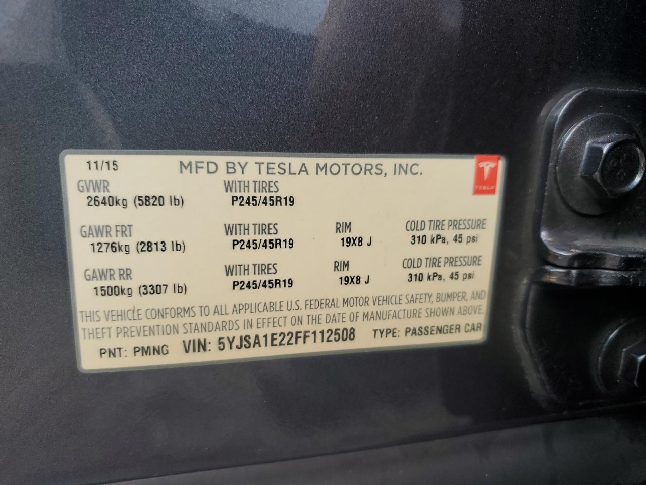 2015 Tesla Model S VIN: 5YJSA1E22FF112508 Lot: 75190654