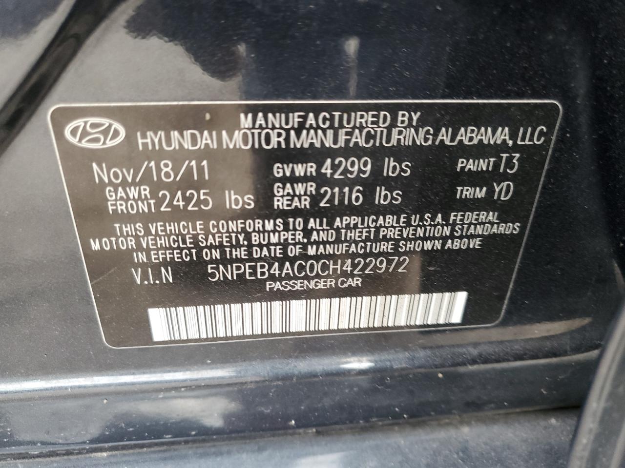 2012 Hyundai Sonata Gls VIN: 5NPEB4AC0CH422972 Lot: 74300414