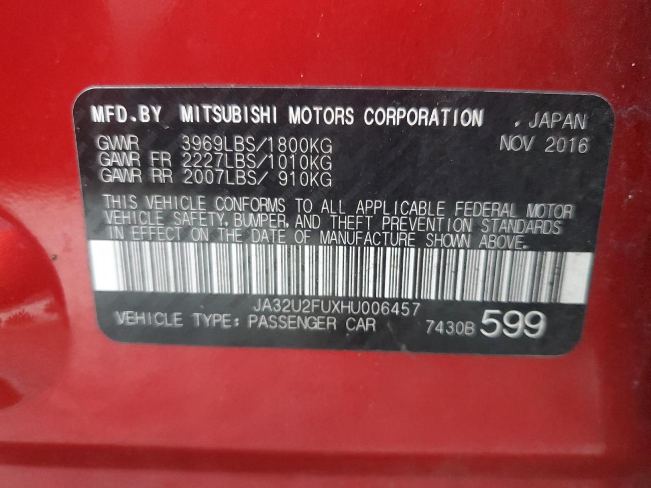 2017 Mitsubishi Lancer Es VIN: JA32U2FUXHU006457 Lot: 77043094