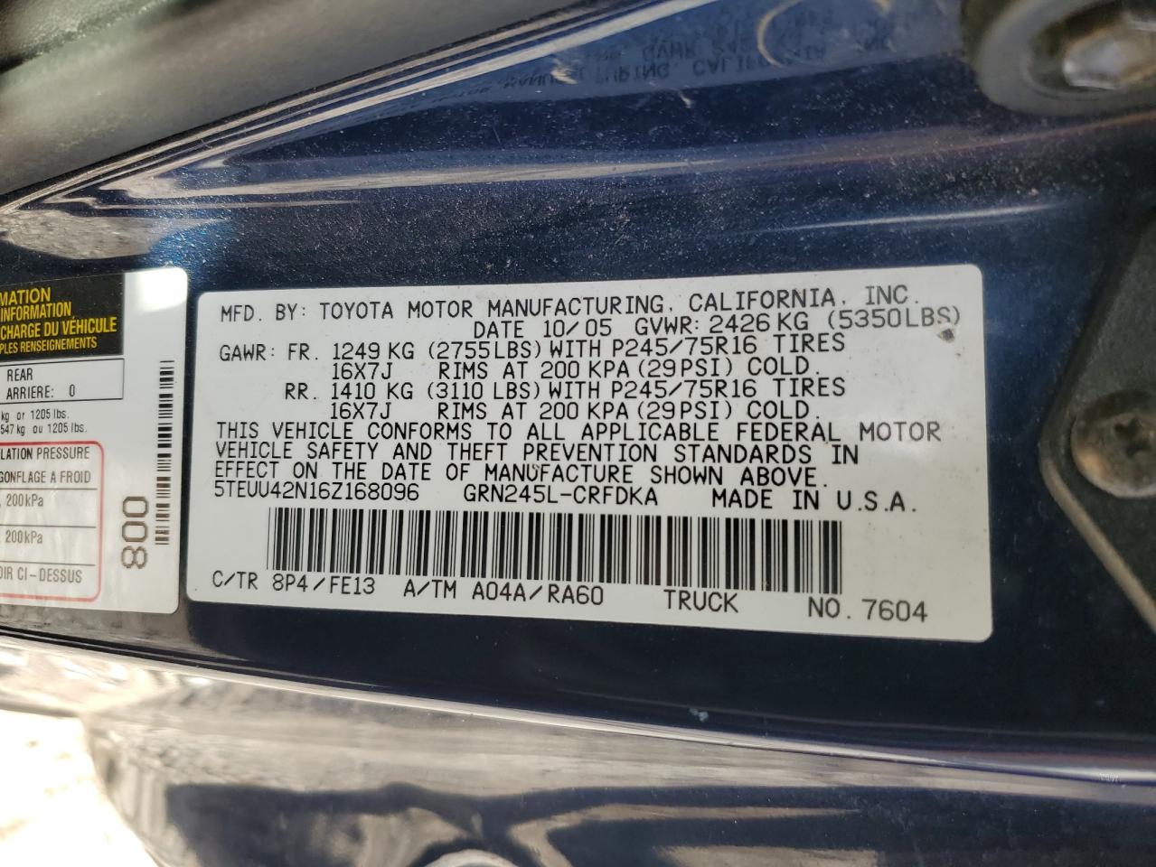 2006 Toyota Tacoma Access Cab VIN: 5TEUU42N16Z168096 Lot: 76033404