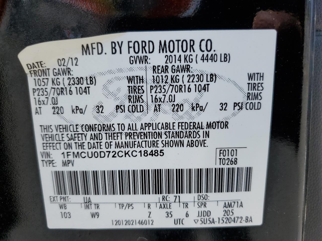 2012 Ford Escape Xlt VIN: 1FMCU0D72CKC18485 Lot: 73570724