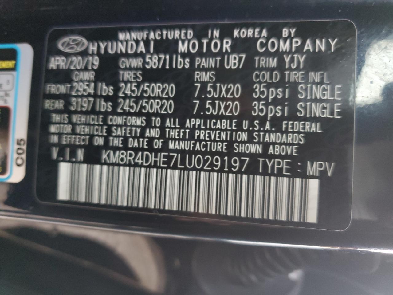 2020 Hyundai Palisade Sel VIN: KM8R4DHE7LU029197 Lot: 77357774