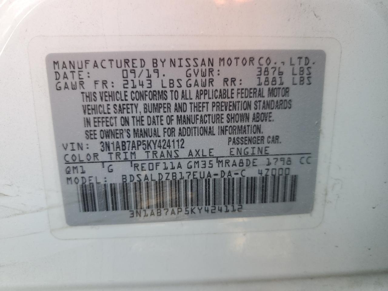 3N1AB7AP5KY424112 2019 Nissan Sentra S