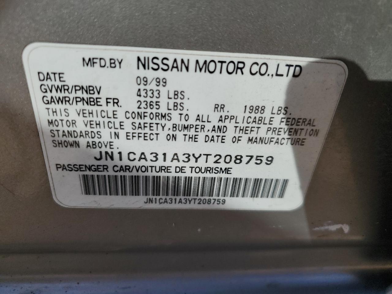 2000 Nissan Maxima Gle VIN: JN1CA31A3YT208759 Lot: 75504374