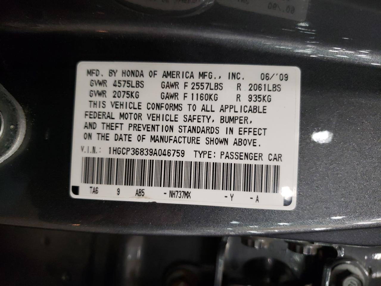 1HGCP36839A046759 2009 Honda Accord Exl