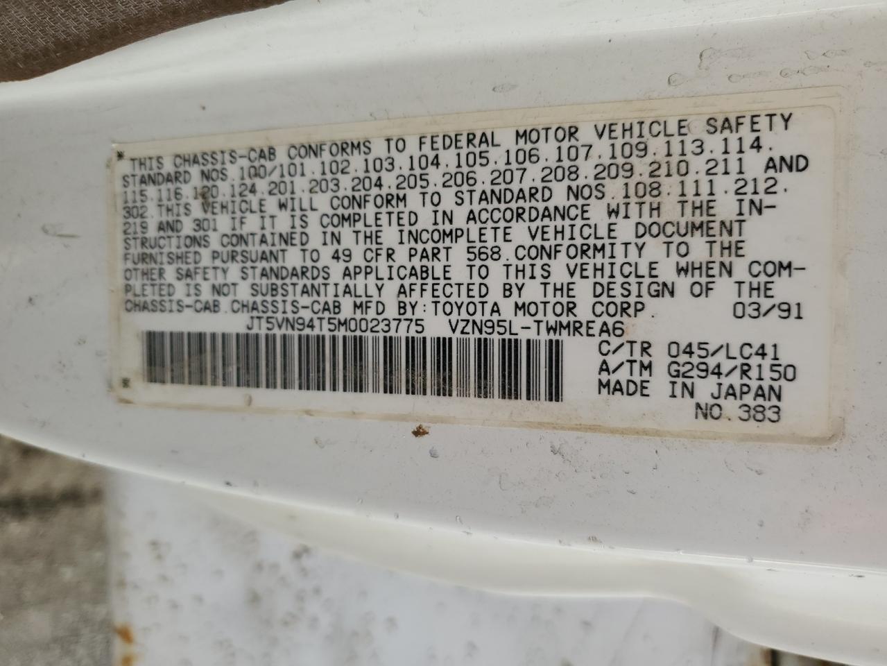 1991 Toyota Pickup Cab Chassis Super Long Wheelbase VIN: JT5VN94T5M0023775 Lot: 75718714