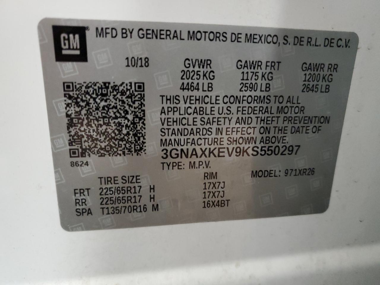 3GNAXKEV9KS550297 2019 Chevrolet Equinox Lt