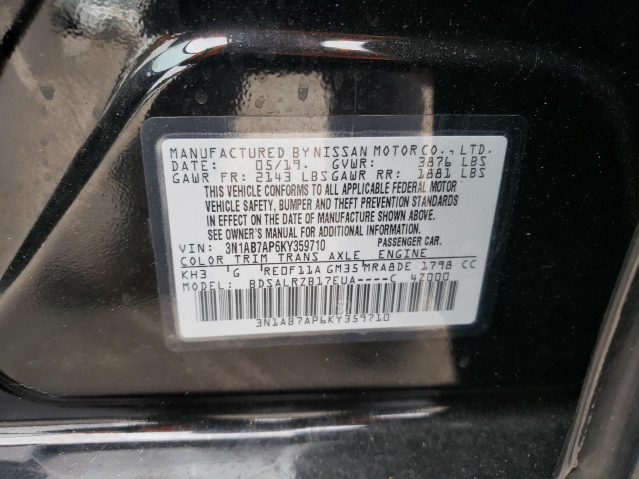 2019 Nissan Sentra S VIN: 3N1AB7AP6KY359710 Lot: 77420934