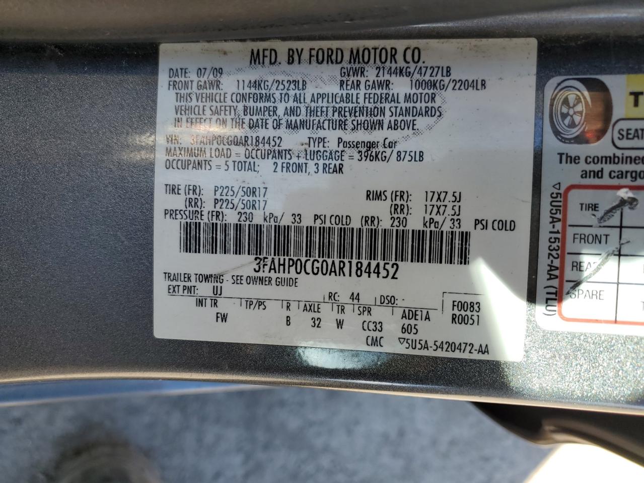 2010 Ford Fusion Sel VIN: 3FAHP0CG0AR184452 Lot: 75679614