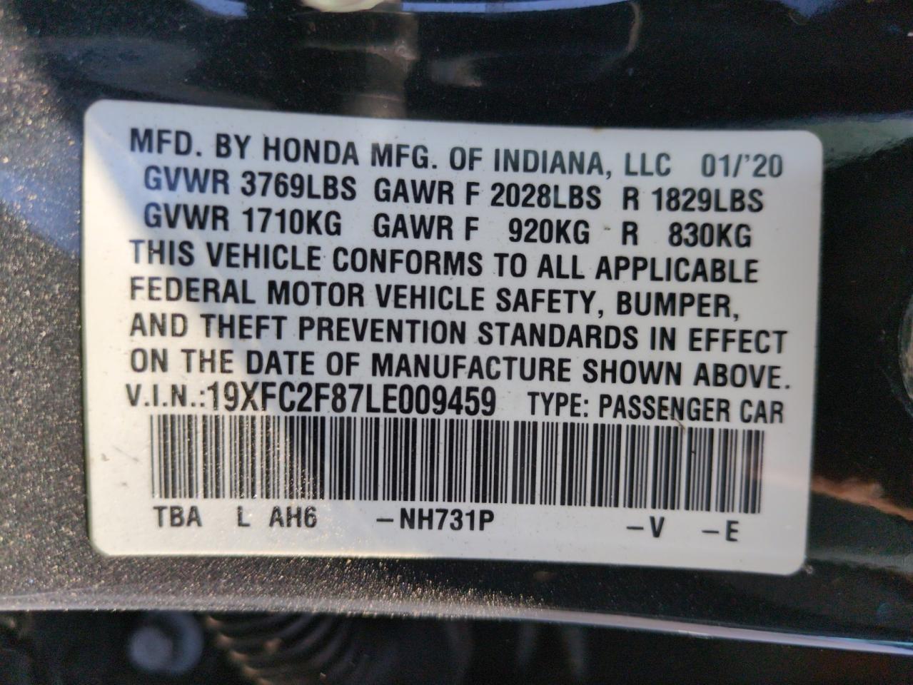 2020 Honda Civic Sport VIN: 19XFC2F87LE009459 Lot: 75862094