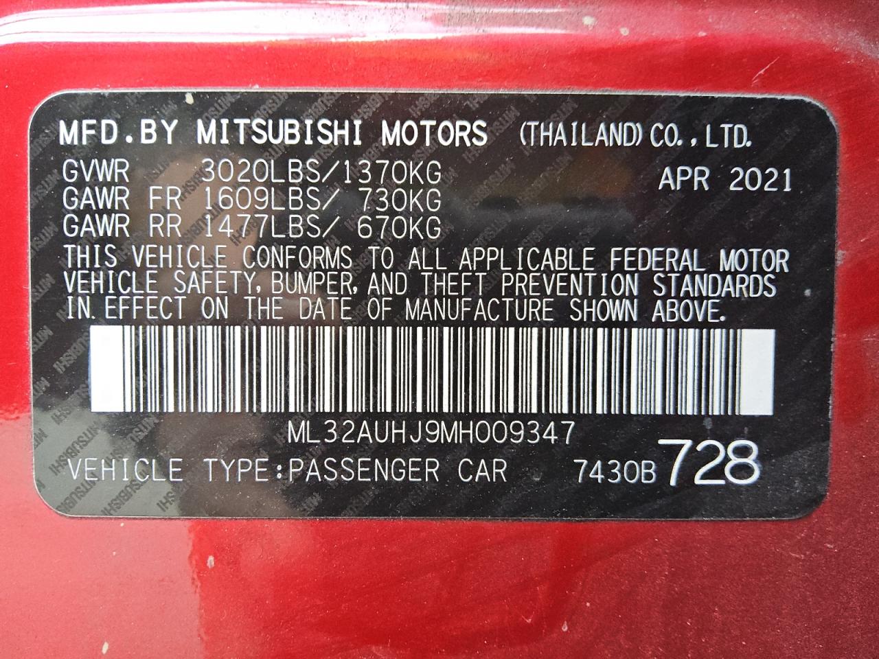 ML32AUHJ9MH009347 2021 Mitsubishi Mirage Es