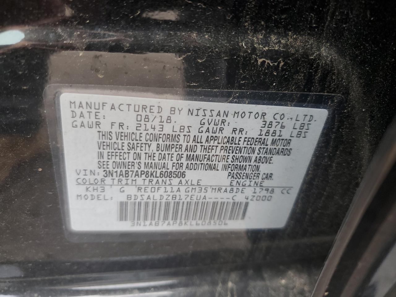 3N1AB7AP8KL608506 2019 Nissan Sentra S