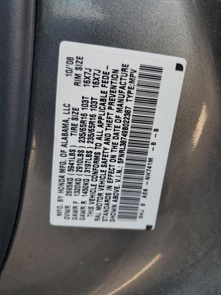 5FNRL38749B022387 2009 Honda Odyssey Exl