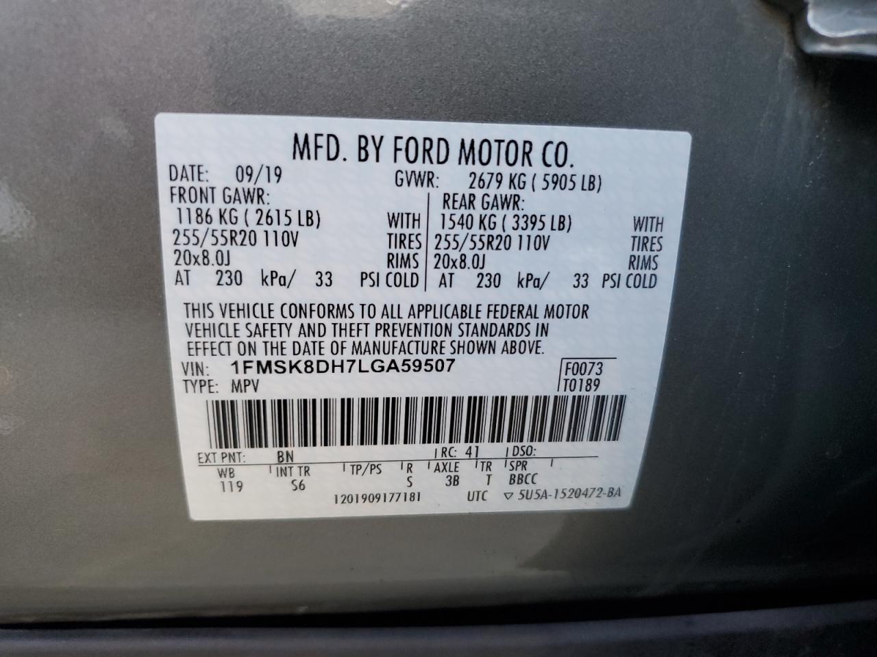 2020 Ford Explorer Xlt VIN: 1FMSK8DH7LGA59507 Lot: 73655184