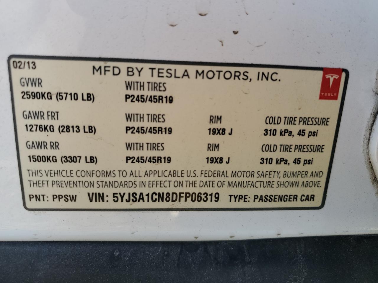 2013 Tesla Model S VIN: 5YJSA1CN8DFP06319 Lot: 77435944