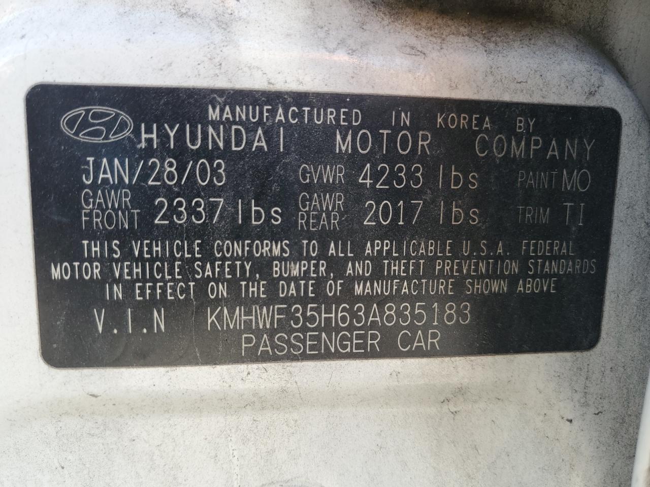 KMHWF35H63A835183 2003 Hyundai Sonata Gls