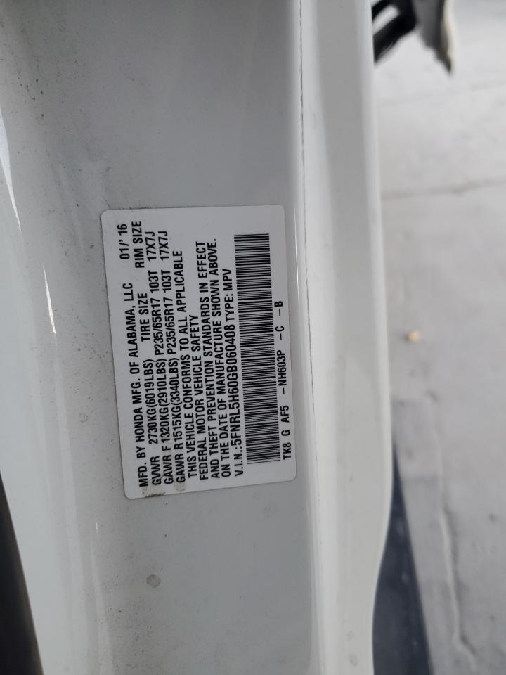 5FNRL5H60GB060408 2016 Honda Odyssey Exl