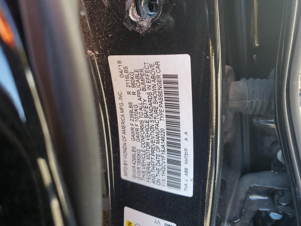 1HGCV1F19JA149220 2018 Honda Accord Lx