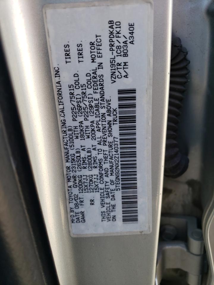 2002 Toyota Tacoma Double Cab Prerunner VIN: 5TEGN92NX2Z140377 Lot: 75957824