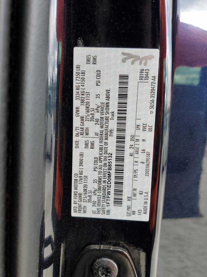 2021 Ford F150 Supercrew VIN: 1FTFW1ED0MFB85132 Lot: 73808404